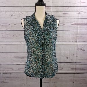 Tahari Turquoise Ruffled Front Sleeveless Blouse